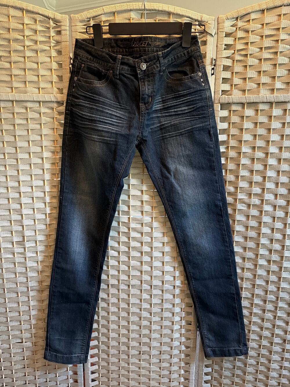 Exocet Y2K Women's Dark Wash Skinny Jeans Studded Pocket Embellished Denim Blue
